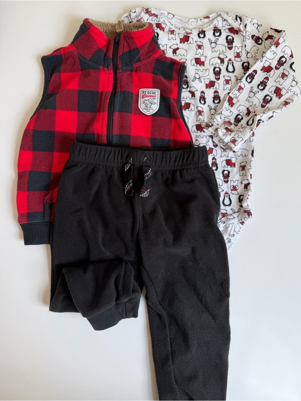 S/3 Carter's Black Fleece Joggers with Red & Black Buffalo Check Vest Set 24M